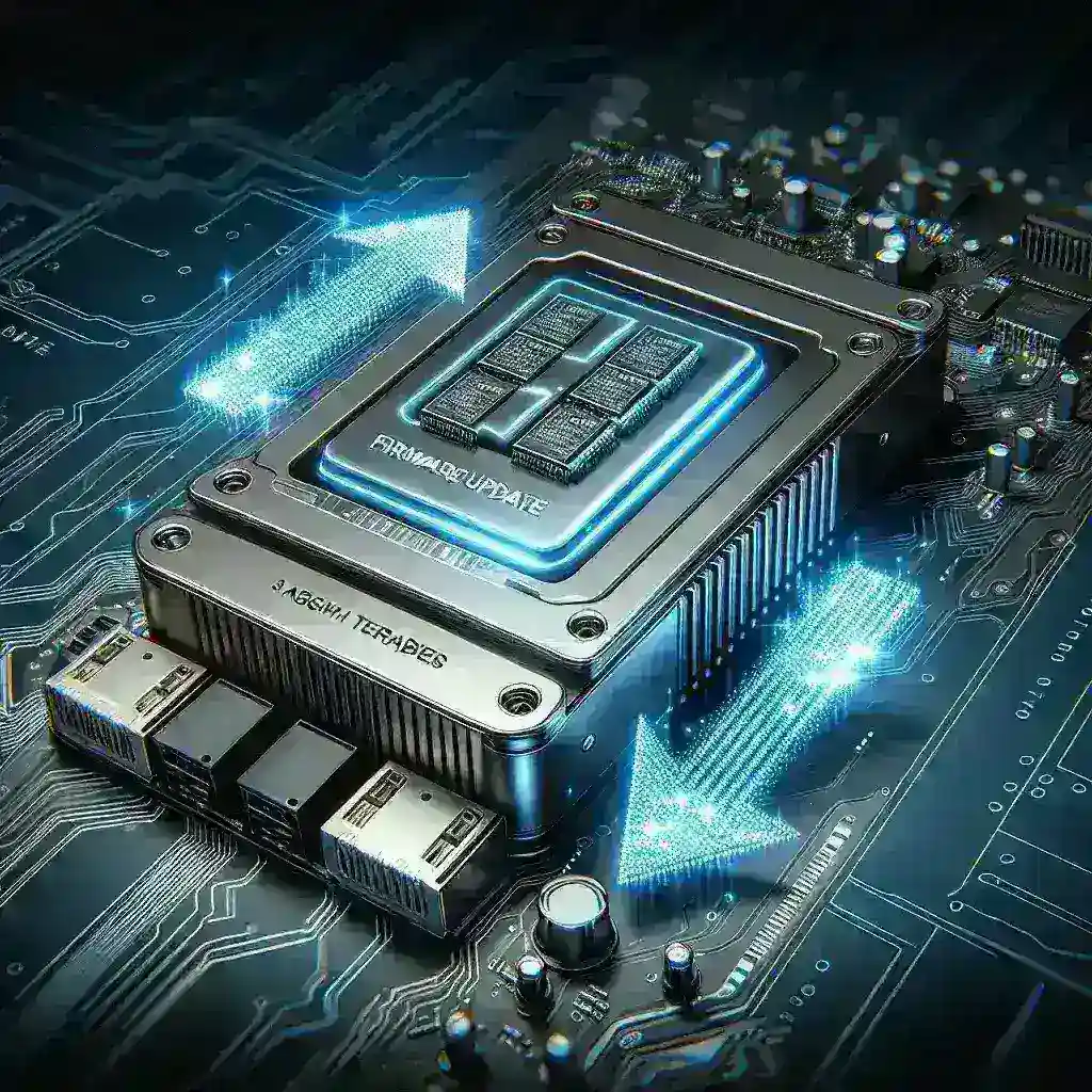 "Crucial P5 Plus 2TB SSD with firmware update in a tech review article, showcasing enhanced performance and reliability features."