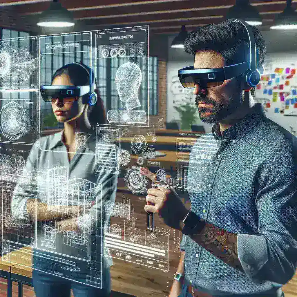 "Emprendedores de startups españolas desarrollan gafas de realidad aumentada innovadoras para capacitación técnica en un entorno moderno."
