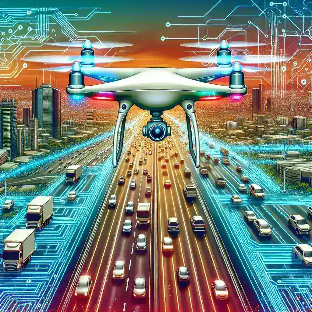 "Drone de la DGT en acción controlando el tráfico durante un festivo, equipado con un sistema de visión avanzada para mejorar la seguridad vial."