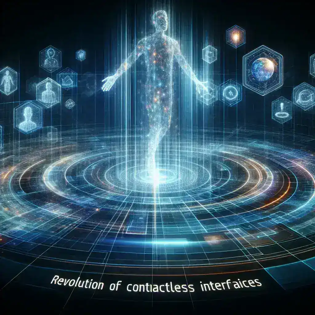 "Vista cercana de un holograma táctil interactivo, ilustrando la revolución de las interfaces sin contacto en tecnología, enfatizando la innovación y la experiencia de usuario mejorada. Hologramas proyectados en un entorno moderno."