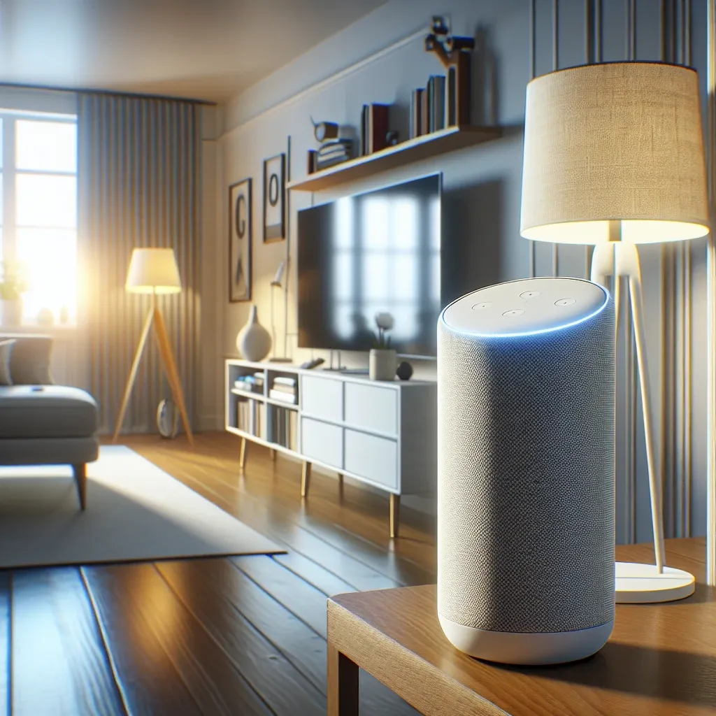 "Altavoces inteligentes en una sala moderna, mostrando cómo responden a comandos de voz para la automatización del hogar."